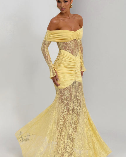 Women's Lemon Ruched Long Sleeve Flare Maxi Dress