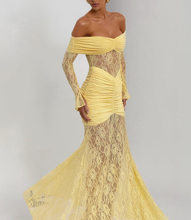 Women's Lemon Ruched Long Sleeve Flare Maxi Dress