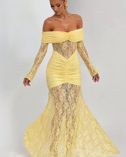 Women's Lemon Ruched Long Sleeve Flare Maxi Dress