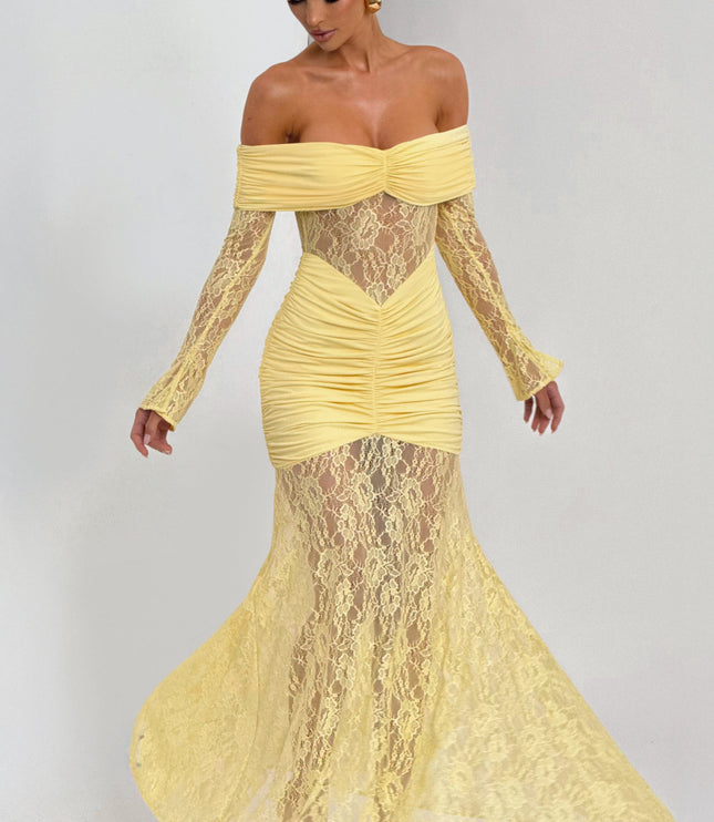 Women's Lemon Ruched Long Sleeve Flare Maxi Dress