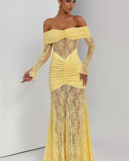 Women's Lemon Ruched Long Sleeve Flare Maxi Dress