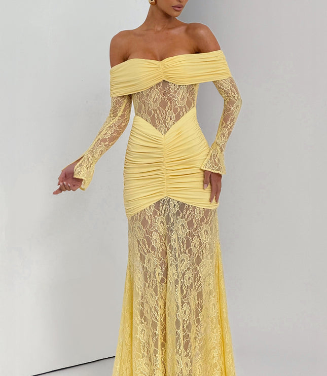 Women's Lemon Ruched Long Sleeve Flare Maxi Dress