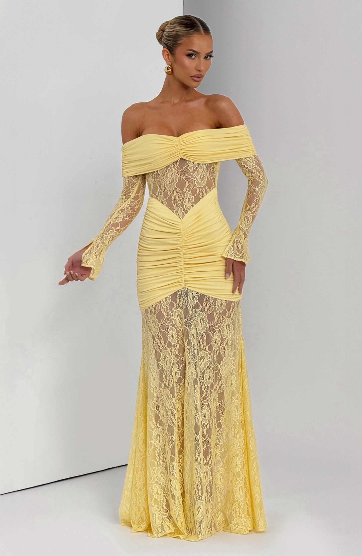 Women's Lemon Ruched Long Sleeve Flare Maxi Dress