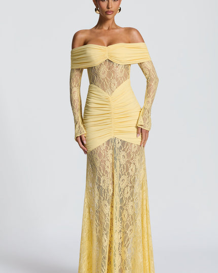 Women's Lemon Ruched Long Sleeve Flare Maxi Dress