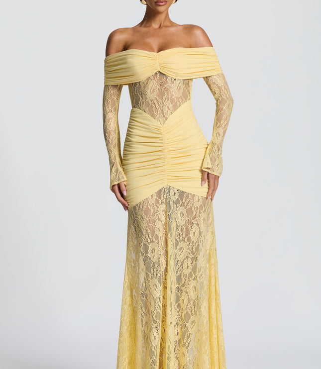 Women's Lemon Ruched Long Sleeve Flare Maxi Dress