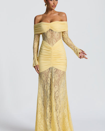 Women's Lemon Ruched Long Sleeve Flare Maxi Dress