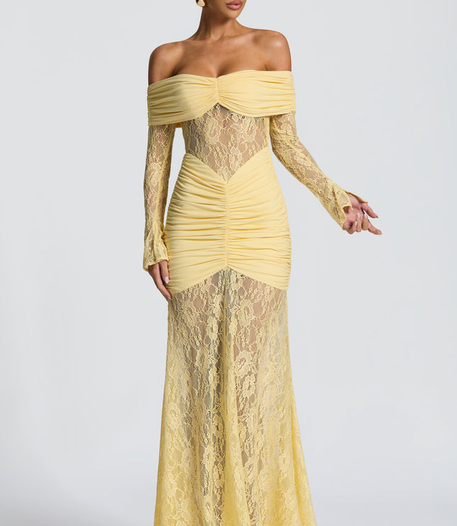 Women's Lemon Ruched Long Sleeve Flare Maxi Dress