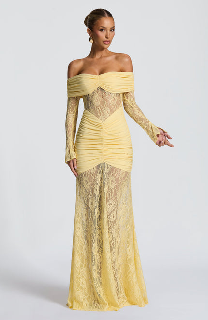 Women's Lemon Ruched Long Sleeve Flare Maxi Dress