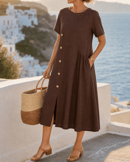 Women's Linen Button Front Short Sleeve Midi Dress