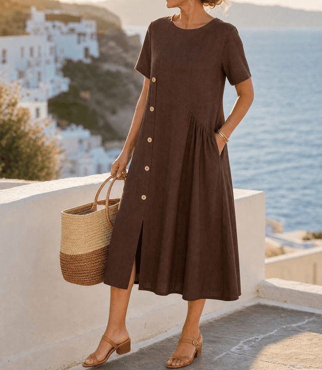Women's Linen Button Front Short Sleeve Midi Dress