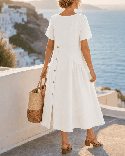 Women's Linen Button Front Short Sleeve Midi Dress