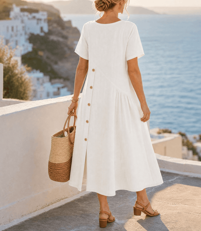 Women's Linen Button Front Short Sleeve Midi Dress