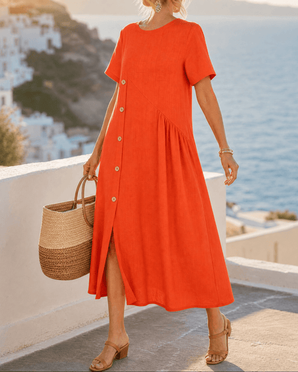 Women's Linen Button Front Short Sleeve Midi Dress