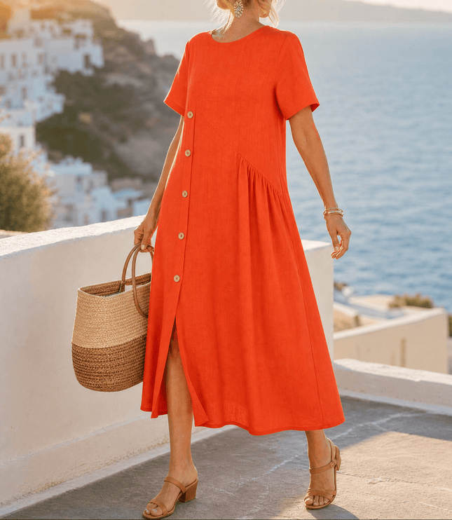 Women's Linen Button Front Short Sleeve Midi Dress