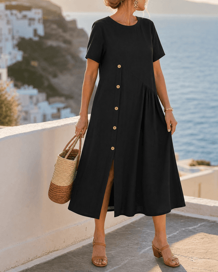 Women's Linen Button Front Short Sleeve Midi Dress
