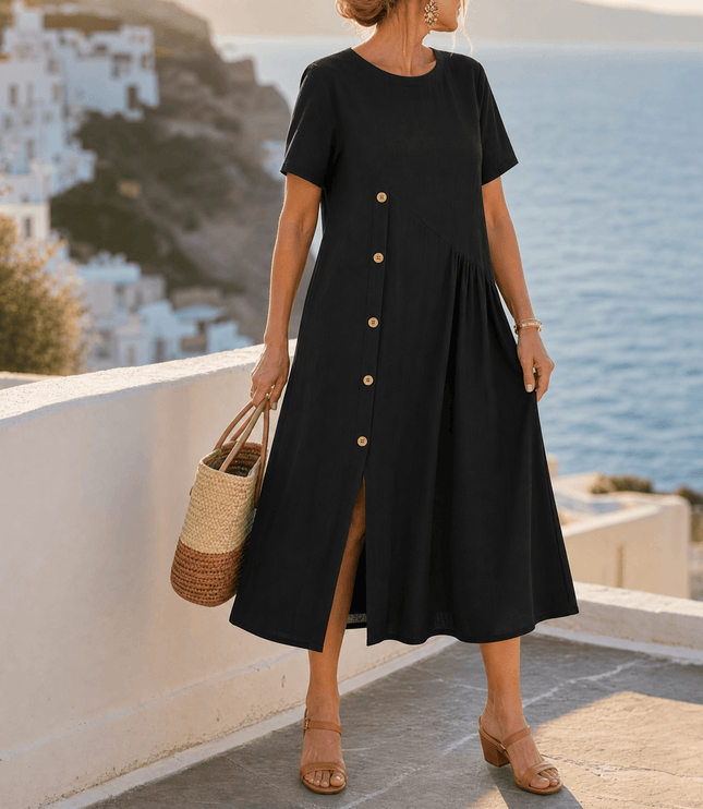 Women's Linen Button Front Short Sleeve Midi Dress