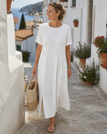 Women's Linen Button Front Short Sleeve Midi Dress