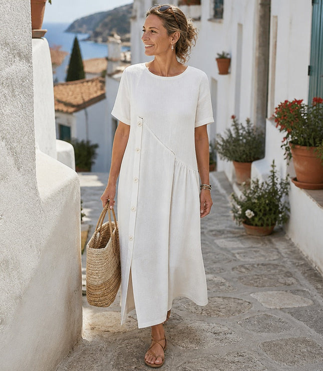 Women's Linen Button Front Short Sleeve Midi Dress