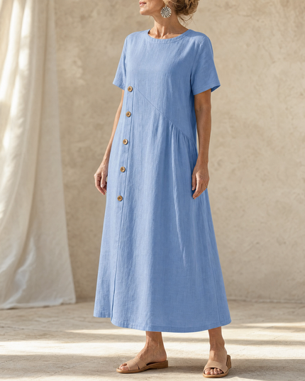 Women's Linen Button Front Short Sleeve Midi Dress