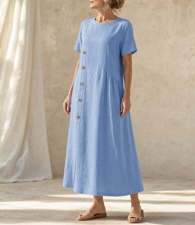 Women's Linen Button Front Short Sleeve Midi Dress