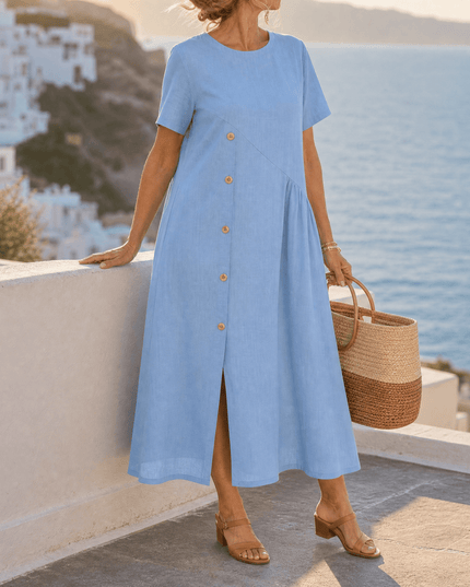 Women's Linen Button Front Short Sleeve Midi Dress