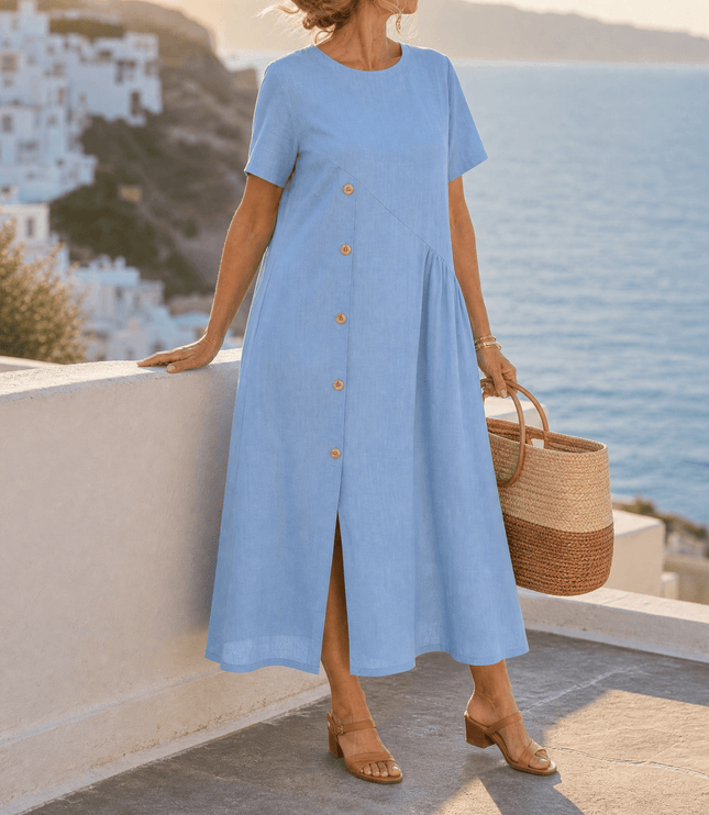 Women's Linen Button Front Short Sleeve Midi Dress