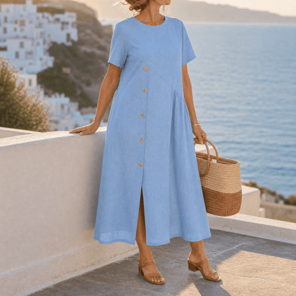 Women's Linen Button Front Short Sleeve Midi Dress