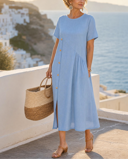 Women's Linen Button Front Short Sleeve Midi Dress