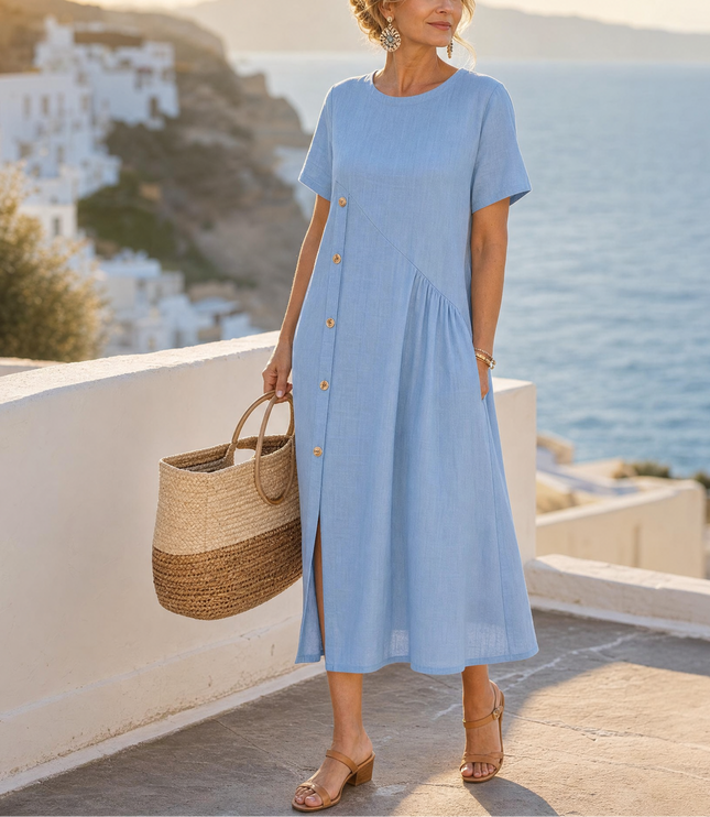 Women's Linen Button Front Short Sleeve Midi Dress