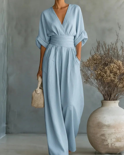 Women's Linen-Look Jumpsuit with a Wide Leg and V-Neck
