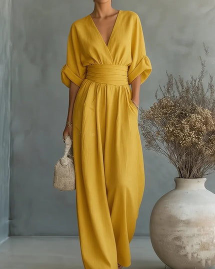 Women's Linen-Look Jumpsuit with a Wide Leg and V-Neck
