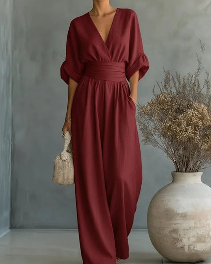 Women's Linen-Look Jumpsuit with a Wide Leg and V-Neck
