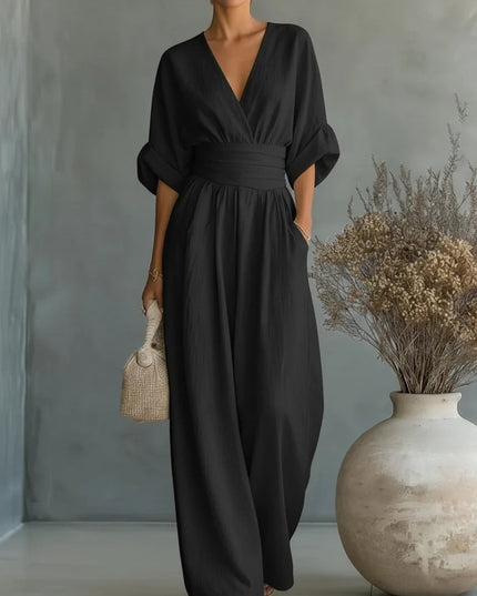 Women's Linen-Look Jumpsuit with a Wide Leg and V-Neck