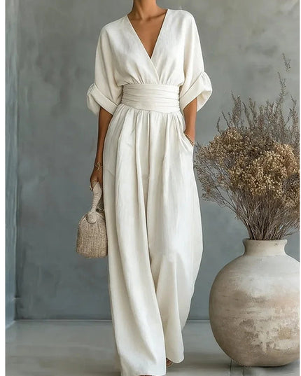 Women's Linen-Look Jumpsuit with a Wide Leg and V-Neck