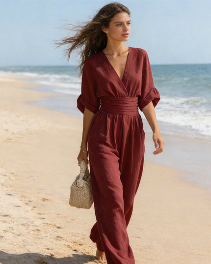 Women's Linen-Look Jumpsuit with a Wide Leg and V-Neck