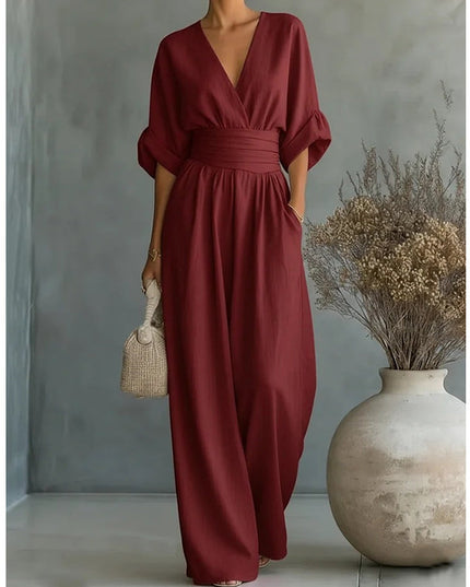 Women's Linen-Look Jumpsuit with a Wide Leg and V-Neck