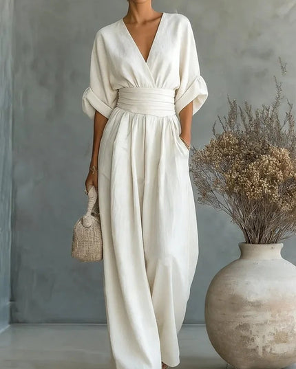 Women's Linen-Look Jumpsuit with a Wide Leg and V-Neck