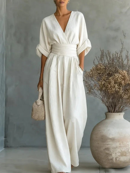 Women's Linen-Look Jumpsuit with a Wide Leg and V-Neck