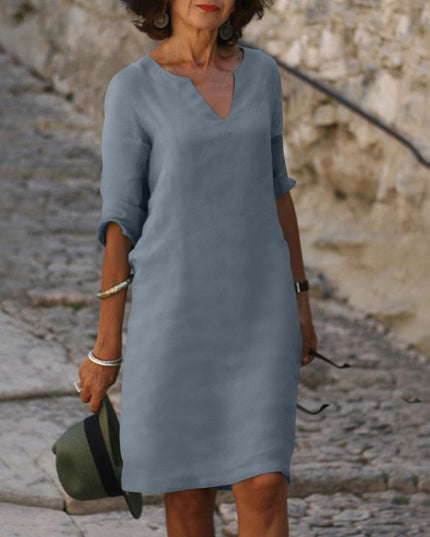 Women's Linen-Look Shift Dress with Split Neckline and Rolled Cuffs