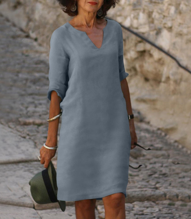 Women's Linen-Look Shift Dress with Split Neckline and Rolled Cuffs