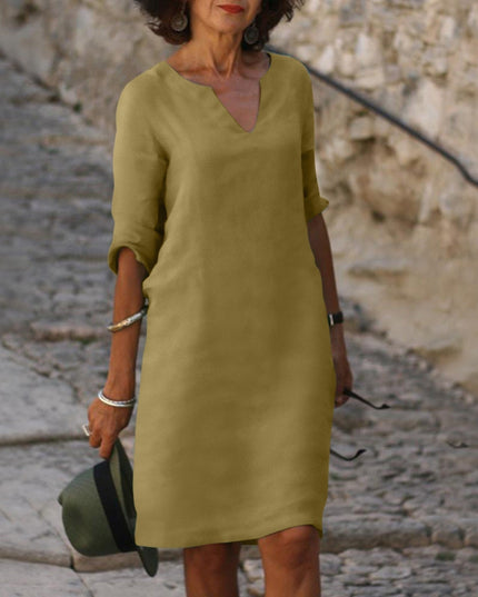 Women's Linen-Look Shift Dress with Split Neckline and Rolled Cuffs