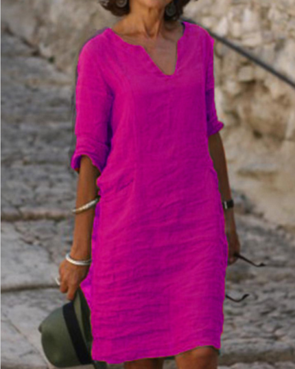 Women's Linen-Look Shift Dress with Split Neckline and Rolled Cuffs