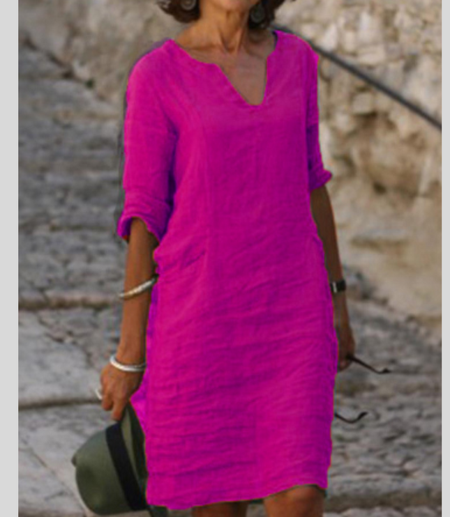 Women's Linen-Look Shift Dress with Split Neckline and Rolled Cuffs