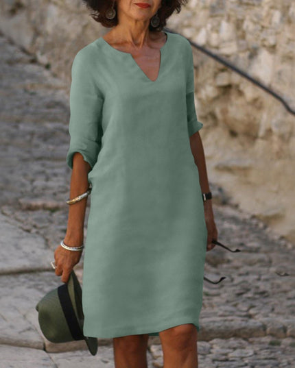 Women's Linen-Look Shift Dress with Split Neckline and Rolled Cuffs