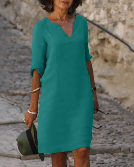 Women's Linen-Look Shift Dress with Split Neckline and Rolled Cuffs
