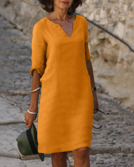 Women's Linen-Look Shift Dress with Split Neckline and Rolled Cuffs