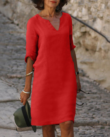 Women's Linen-Look Shift Dress with Split Neckline and Rolled Cuffs