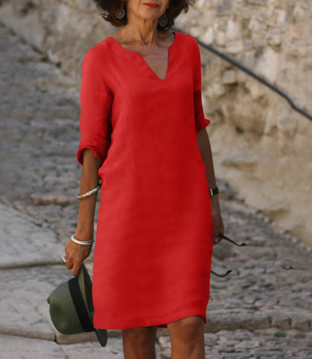 Women's Linen-Look Shift Dress with Split Neckline and Rolled Cuffs