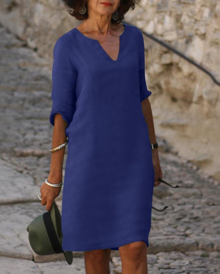 Women's Linen-Look Shift Dress with Split Neckline and Rolled Cuffs