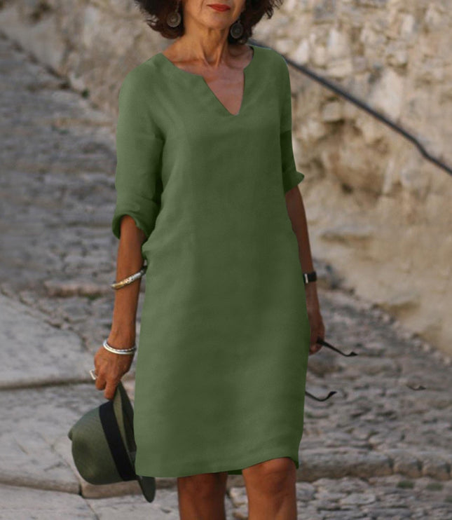 Women's Linen-Look Shift Dress with Split Neckline and Rolled Cuffs